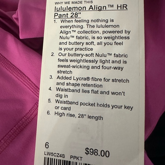 Lululemon 🌟NWT 🌟Align 28” High Rise Leggings, POW Pink color, Sz6 SOLD OUT - Picture 6 of 7